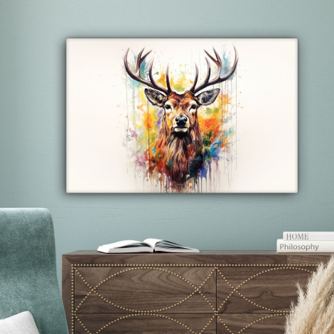 Canvas schilderij - Hert - Ree - Gewei - Kunst - Verf - Dier - Kleurrijk-4