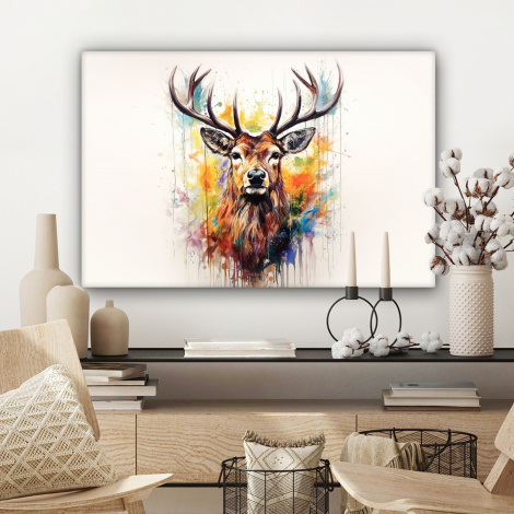 Canvas schilderij - Hert - Ree - Gewei - Kunst - Verf - Dier - Kleurrijk-3