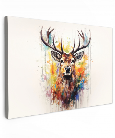 Canvas schilderij - Hert - Ree - Gewei - Kunst - Verf - Dier - Kleurrijk