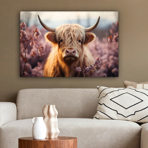 Canvas schilderij - Schotse Hooglander - Horens - Roze - Landschap-2