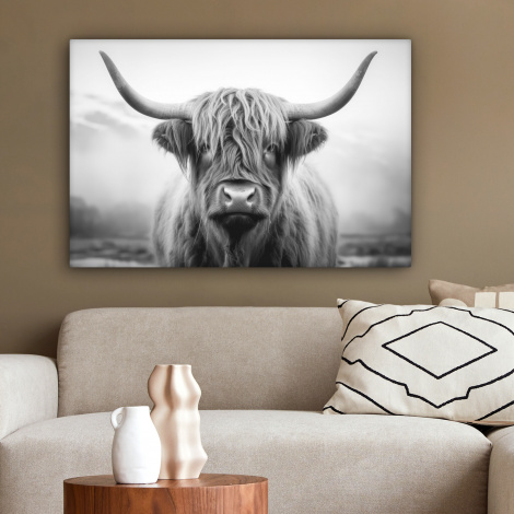 Canvas schilderij - Schotse Hooglander - Horens - Bloesem - Zwart - Wit-2