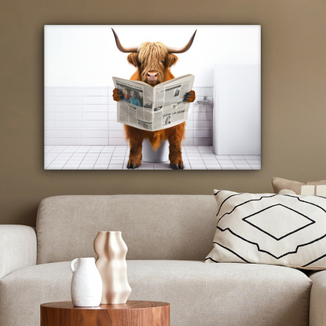 Canvas schilderij - Schotse hooglander - Krant - Toilet - WC - Wit - Koe-2