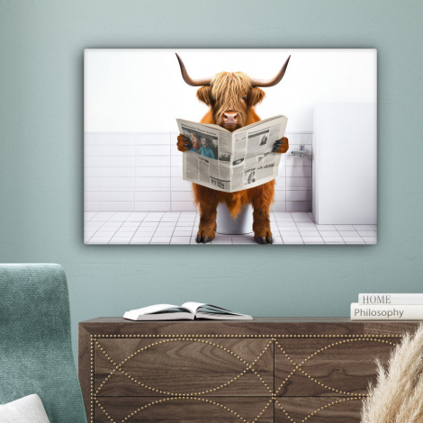 Canvas schilderij - Schotse hooglander - Krant - Toilet - WC - Wit - Koe-4