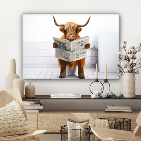 Canvas schilderij - Schotse hooglander - Krant - Toilet - WC - Wit - Koe-3