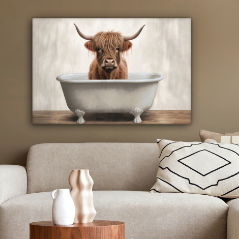 Canvas schilderij - Schotse hooglander - Bad - Badkamer - Badkuip - Bruin - Horens-2