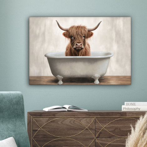 Canvas schilderij - Schotse hooglander - Bad - Badkamer - Badkuip - Bruin - Horens-4