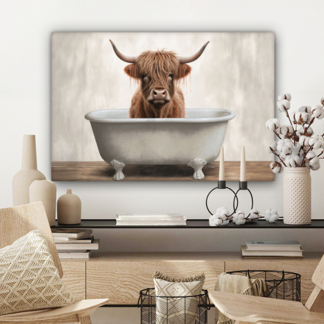 Canvas schilderij - Schotse hooglander - Bad - Badkamer - Badkuip - Bruin - Horens-3