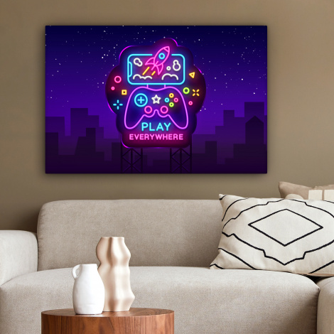 Canvas schilderij - Gaming - Neon - Play - Blauw - Nacht - Controller-2