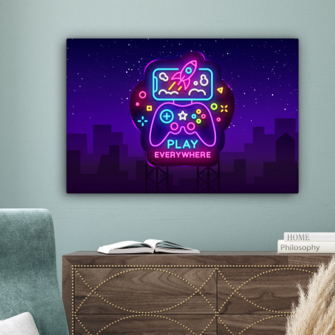 Canvas schilderij - Gaming - Neon - Play - Blauw - Nacht - Controller-4