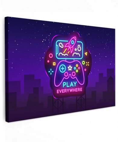 Canvas schilderij - Gaming - Neon - Play - Blauw - Nacht - Controller