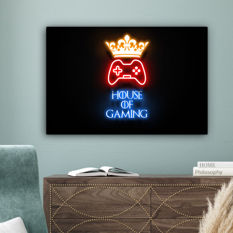 Canvas schilderij - Gaming quotes - Neon - House of gaming - Kroon - Tekst-4