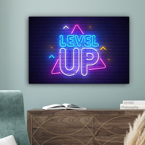 Canvas schilderij - Gaming - Neon - Level Up - Quotes - Gamen-4
