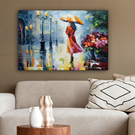 Leinwandbild - Ölgemälde - Regenschirm - Frau - Straße - Kunst-2