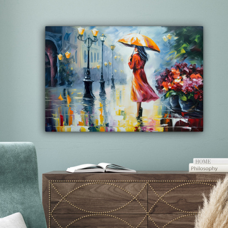 Leinwandbild - Ölgemälde - Regenschirm - Frau - Straße - Kunst-4