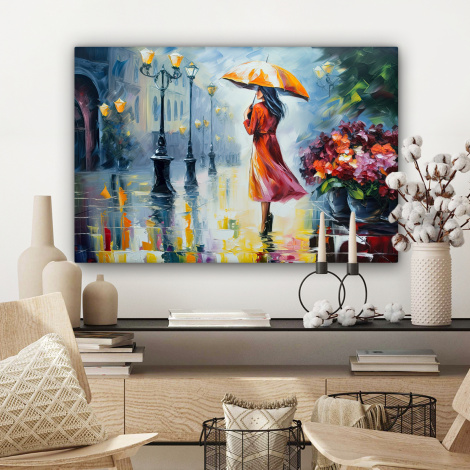 Leinwandbild - Ölgemälde - Regenschirm - Frau - Straße - Kunst-3