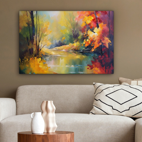 Canvas schilderij - Landschap - Olieverf - Rivier - Kleurrijk-2
