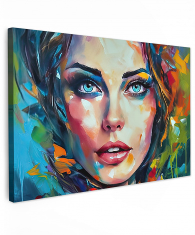Canvas schilderij - Gezicht - Vrouw - Olieverf - Kleurrijk - Kunst