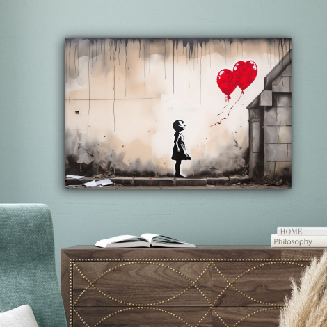 Canvas schilderij - Kunst - Meisje - Ballonnen - Hart - Grijs-4