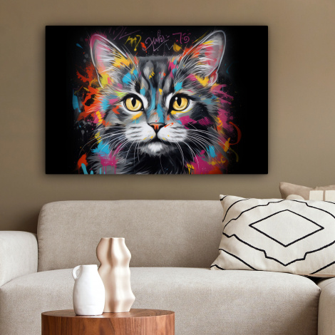 Canvas schilderij - Kat - Graffiti - Dieren - Kleuren - Grijs-2