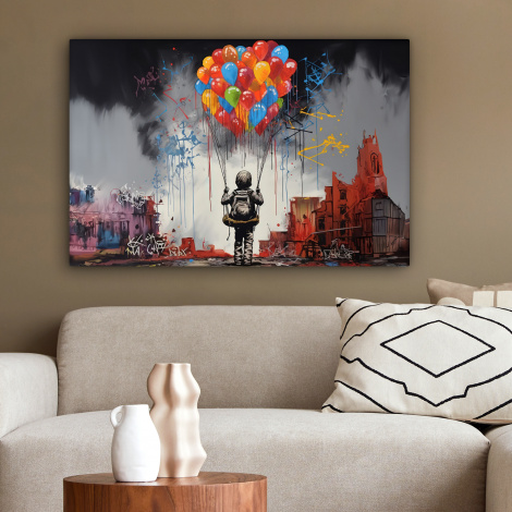 Canvas schilderij - Jongen - Ballonnen - Gebouwen - Kunst-2