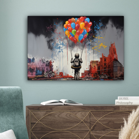 Canvas schilderij - Jongen - Ballonnen - Gebouwen - Kunst-4