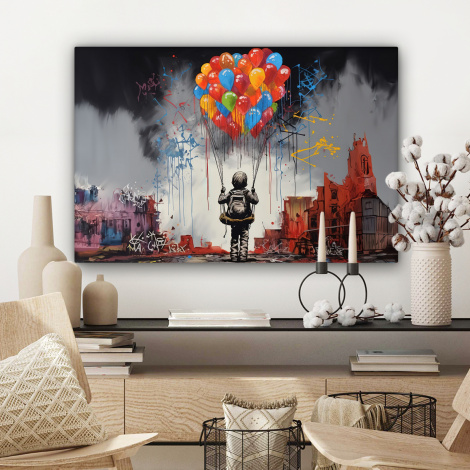 Canvas schilderij - Jongen - Ballonnen - Gebouwen - Kunst-3