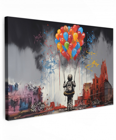 Canvas schilderij - Jongen - Ballonnen - Gebouwen - Kunst