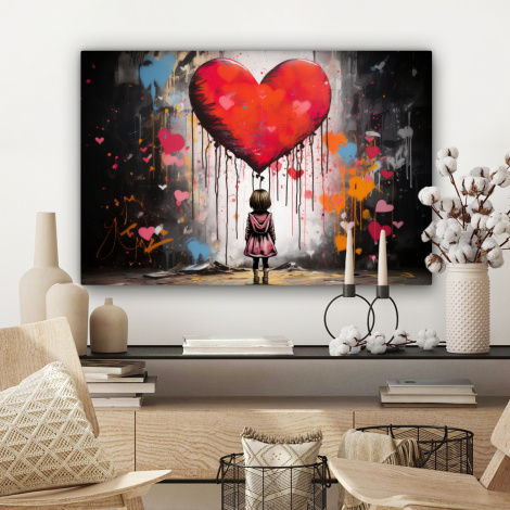 Canvas schilderij - Meisje - Hart - Graffiti - Kunst - Kleuren - Rood-3