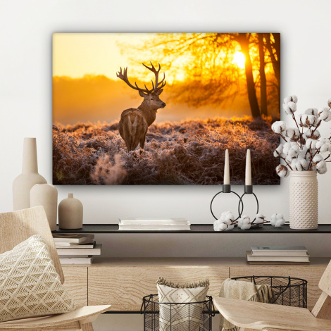 Leinwandbild - Hirsch - Tiere - Sonnenuntergang - Winter - Heide - Natur-3
