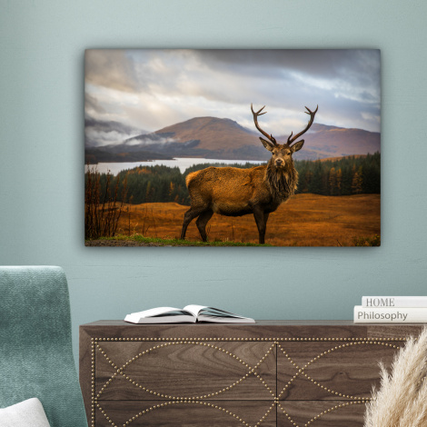 Leinwandbild - Hirsch - Berg - Wasser - Landschaft - Tiere - Bäume-4
