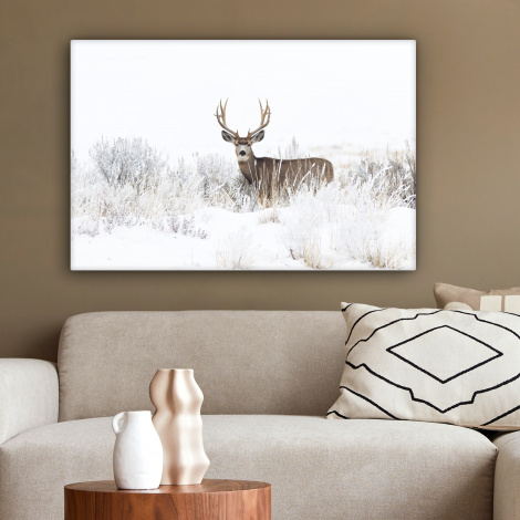 Canvas schilderij - Hert - Winter - Sneeuw - Dieren - Seizoenen - Wit-2