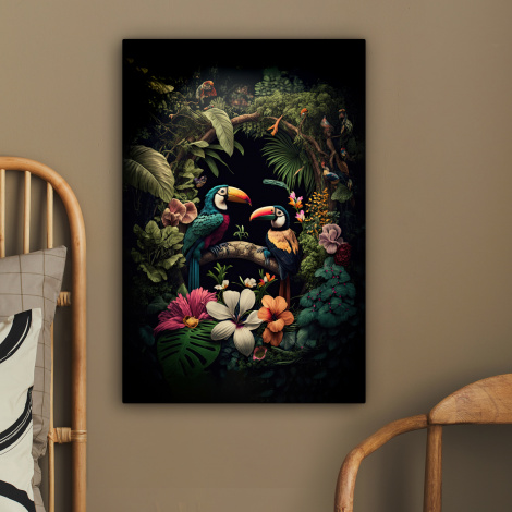 Canvas schilderij - Vogel - Bloemen - Planten - Jungle - Zwart - Toekan-2