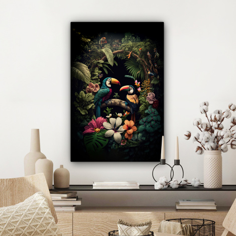 Canvas schilderij - Vogel - Bloemen - Planten - Jungle - Zwart - Toekan-3