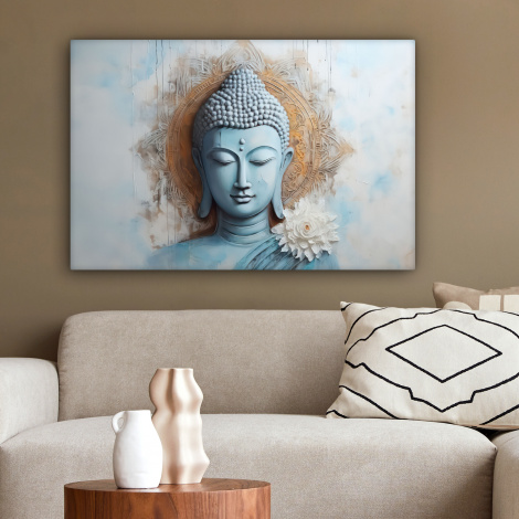 Canvas schilderij - Boeddha - Beeld - Blauw - Bruin - Bloem-2