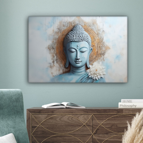Canvas schilderij - Boeddha - Beeld - Blauw - Bruin - Bloem-4