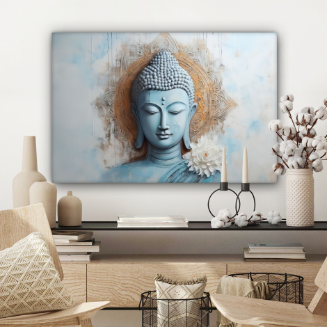 Canvas schilderij - Boeddha - Beeld - Blauw - Bruin - Bloem-3