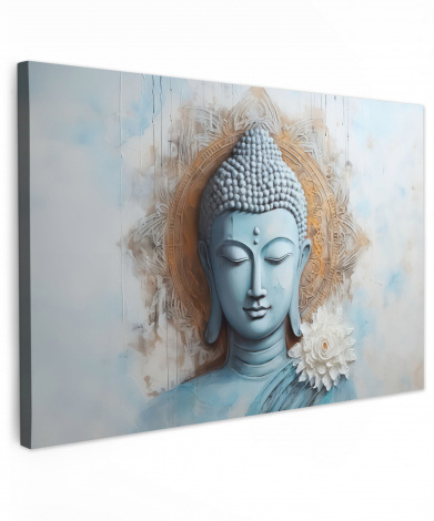 Canvas schilderij - Boeddha - Beeld - Blauw - Bruin - Bloem