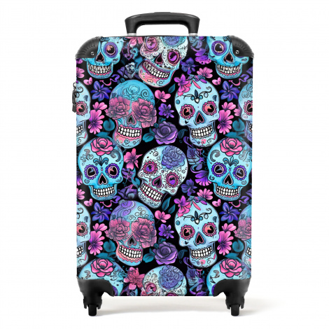 Koffer - Doodskop - Rozen - Bloemen - Blauw - Roze - Skull - Schedel
