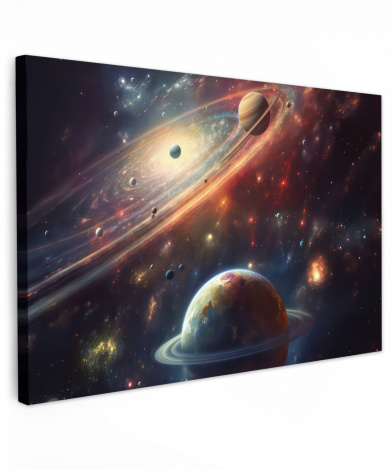 Canvas schilderij - Ruimte - Planeten - Neon - Sterren