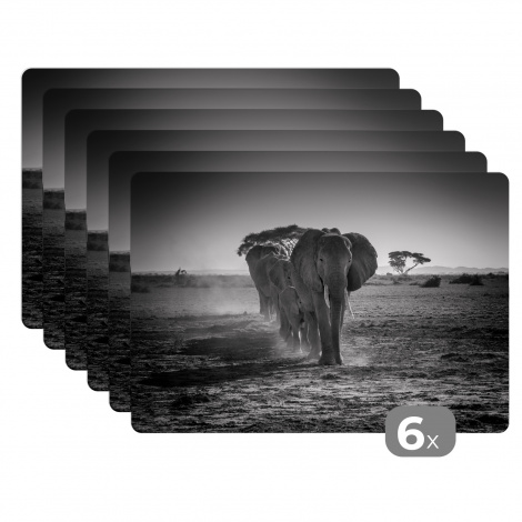 Tischset (6er Set) - Elefanten in Kenia in Schwarz und Weiß - 45x30 cm
