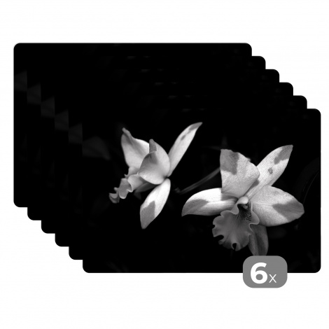 Premium placemats (6 stuks) - Twee orchidee bloemen - zwart wit - 45x30 cm