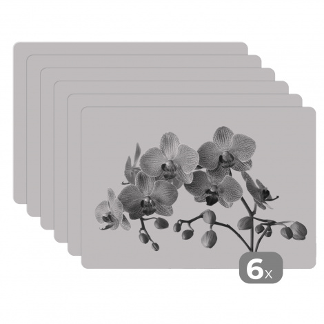 Premium placemats (6 stuks) - Orchideeën op grijze achtergrond - zwart wit - 45x30 cm-thumbnail-1