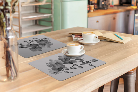 Premium placemats (6 stuks) - Orchideeën op grijze achtergrond - zwart wit - 45x30 cm-3