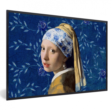Poster met lijst - Meisje met de parel - Delfts blauw - Vermeer - Bloemen - Schilderij - Oude meesters - Liggend