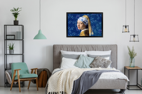 Poster met lijst - Meisje met de parel - Delfts blauw - Vermeer - Bloemen - Schilderij - Oude meesters - Liggend-4