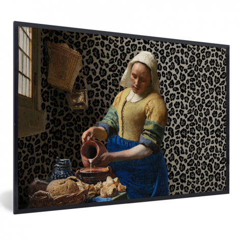Poster met lijst - Melkmeisje - Kunst - Panterprint - Vermeer - Schilderij - Oude meesters - Liggend
