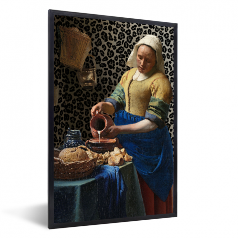 Poster met lijst - Melkmeisje - Kunst - Panterprint - Vermeer - Schilderij - Oude meesters - Staand
