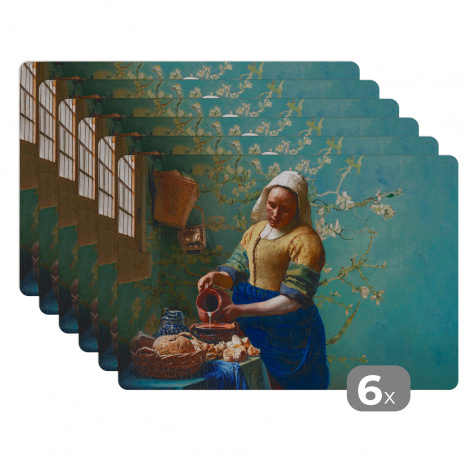 Premium placemats (6 stuks) - Vermeer - Melkmeisje - Van Gogh - Amandelbloesem - 45x30 cm