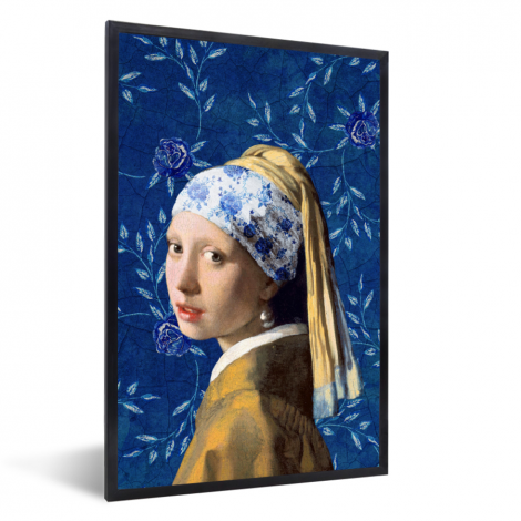 Poster met lijst - Meisje met de parel - Delfts blauw - Vermeer - Bloemen - Schilderij - Oude meesters - Staand-1