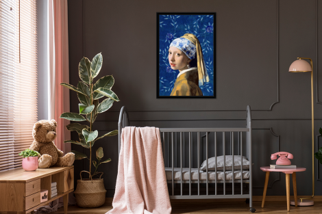 Poster met lijst - Meisje met de parel - Delfts blauw - Vermeer - Bloemen - Schilderij - Oude meesters - Staand-thumbnail-3
